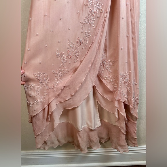Scala Blush Pink Silk Lined Beaded Embroidered Floral Maxi Dress with Crop Shrug - Picture 5 of 16